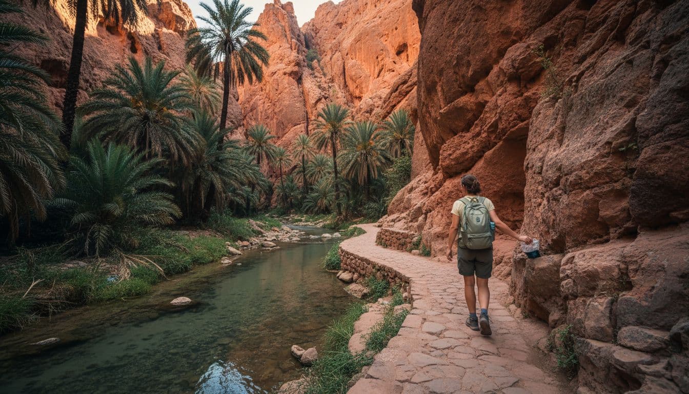 Solo hiker with light backpack picks up small litter on stone path beside clear river in palm canyon with red rock walls and greenery.
