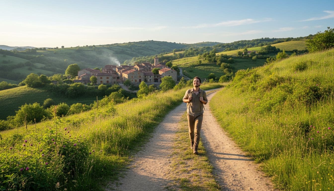 Solo traveler with backpack walks dirt path through green countryside toward distant village with traditional houses.
