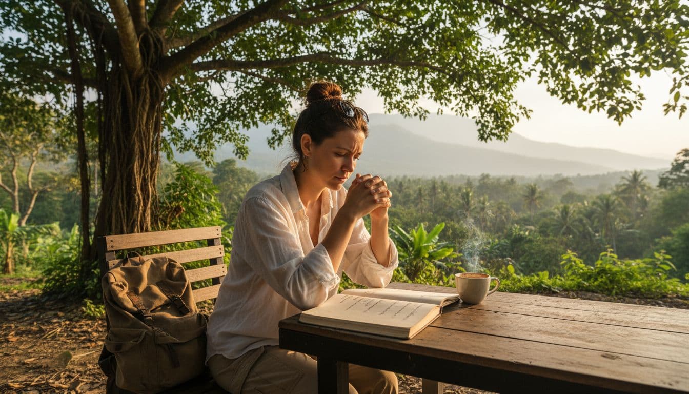 Solo traveler with backpack sits at outdoor cafe table under tree shade, reviewing printed notebook with coffee nearby and distant mountains.