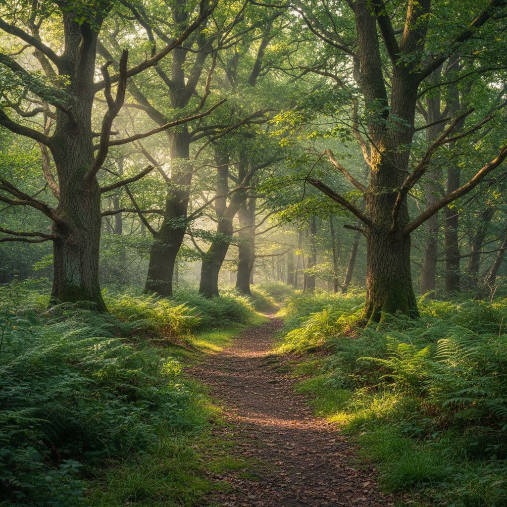 Soft morning sunlight filters through ancient trees onto a lush, fern-covered woodland path.
