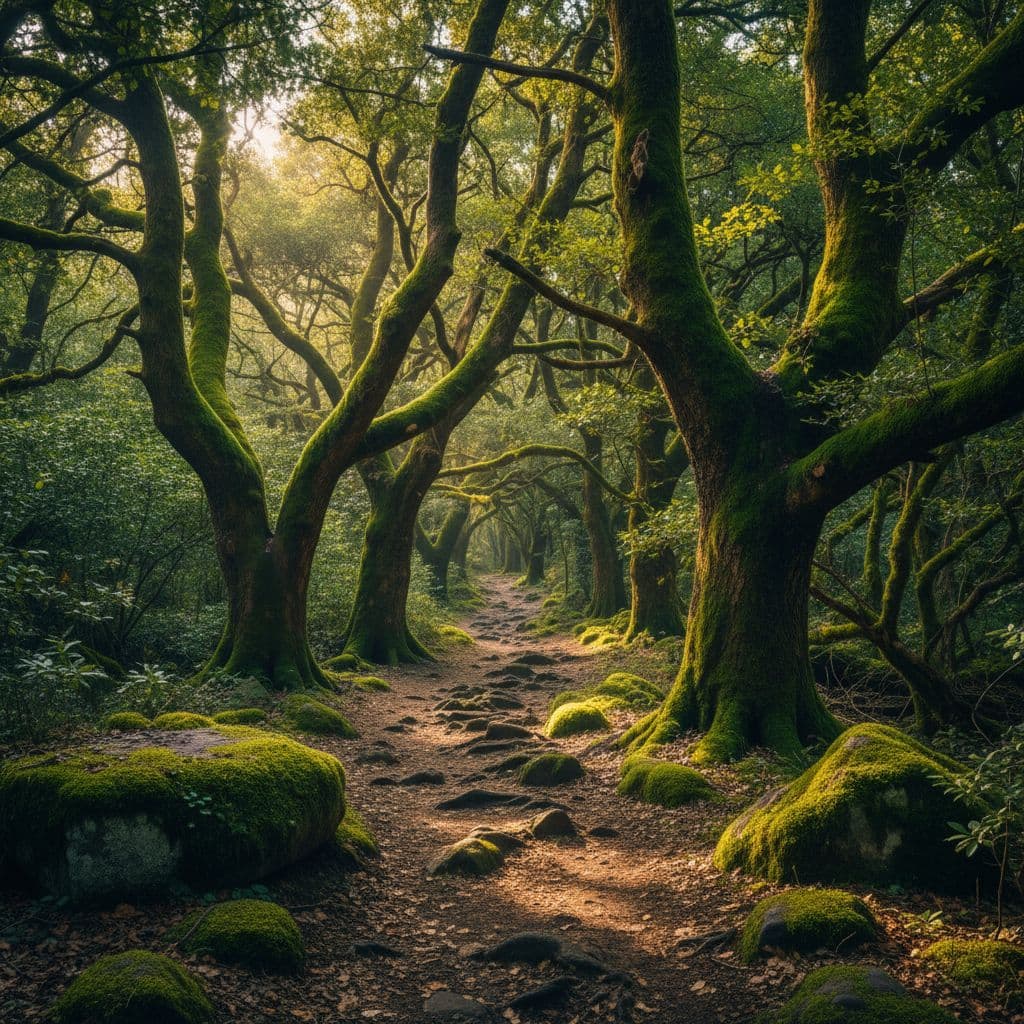 Walking trail through ancient woodland with mossy stones, tall trees, and soft light filtering through dense canopy.