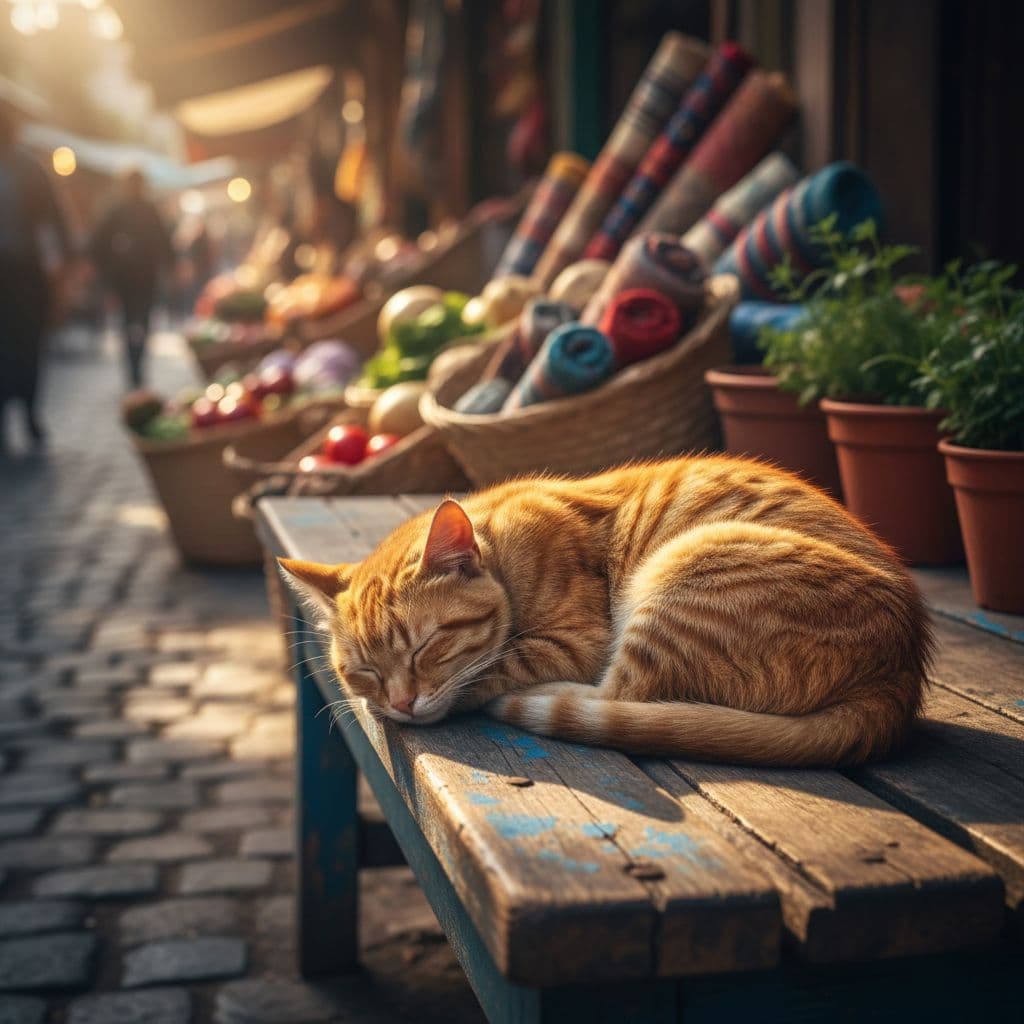 Cat rests on weathered wooden bench in sunlit outdoor market.