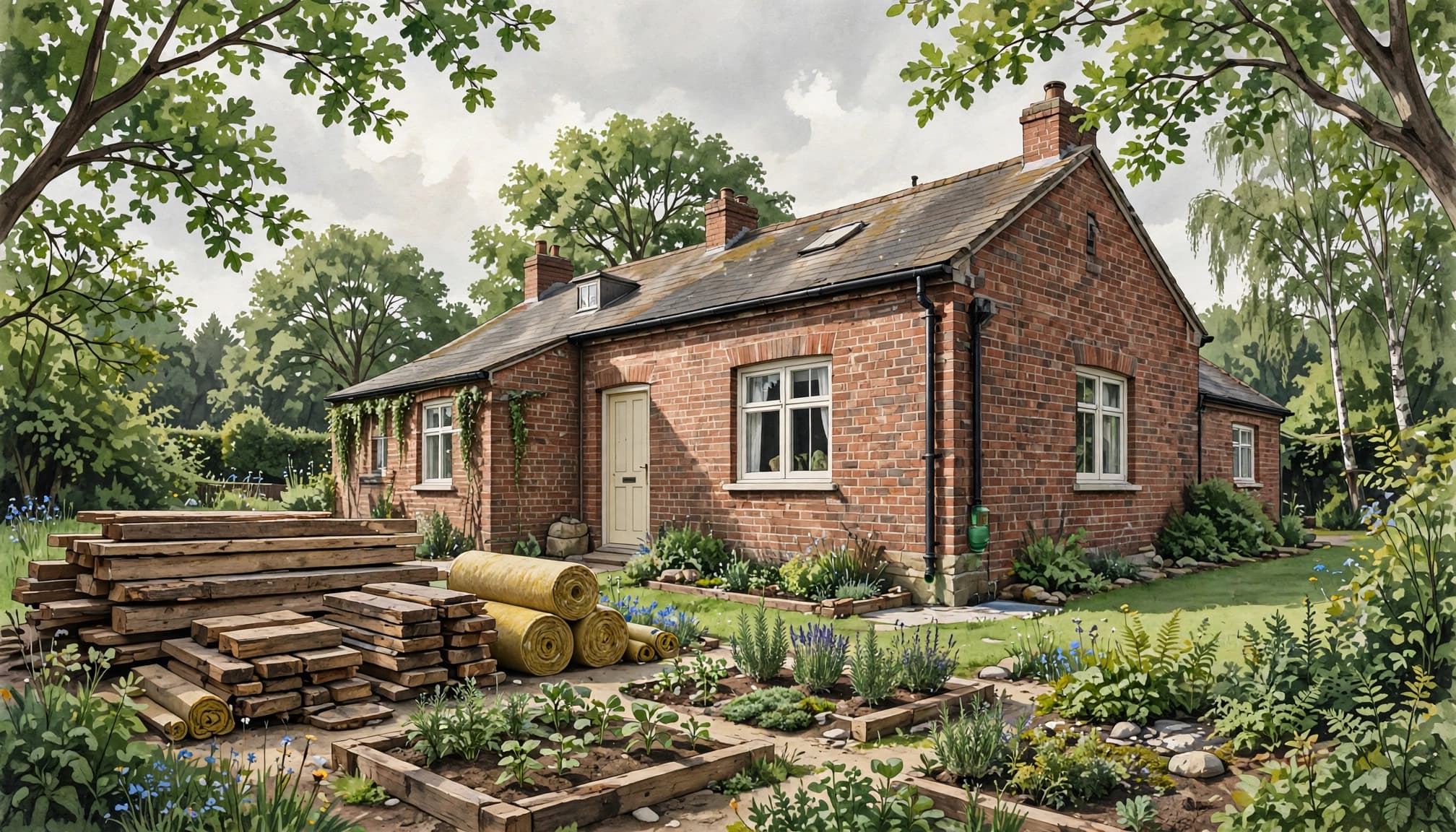 A brick house with reclaimed timber, insulation rolls, a rainwater butt, and a small garden.