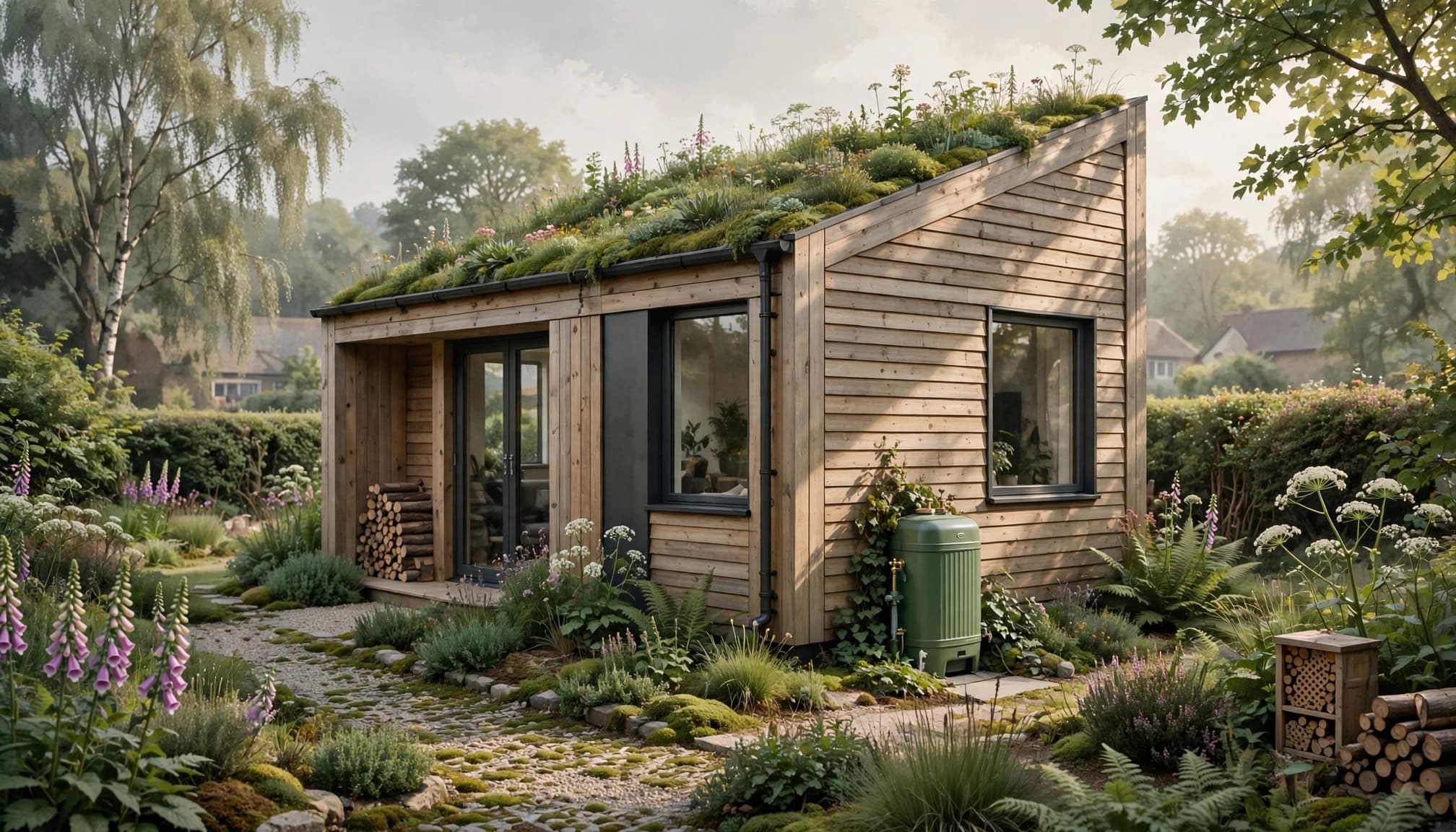 A timber-clad home with a green roof and rainwater butt in a leafy garden.