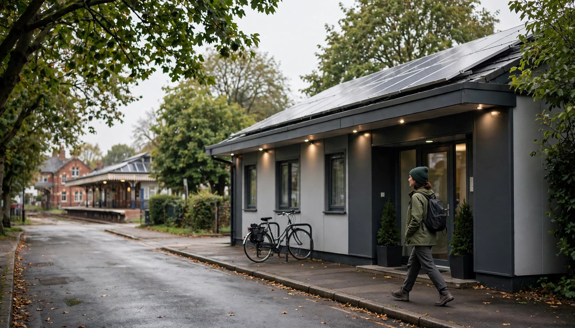 A traveller with a backpack walks beside a leafy budget hotel near a railway station.