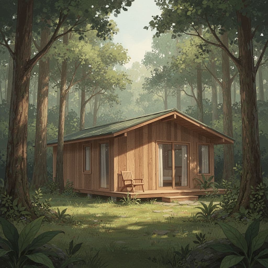 A wooden lodge nestled harmoniously within a vibrant, dense forest landscape.