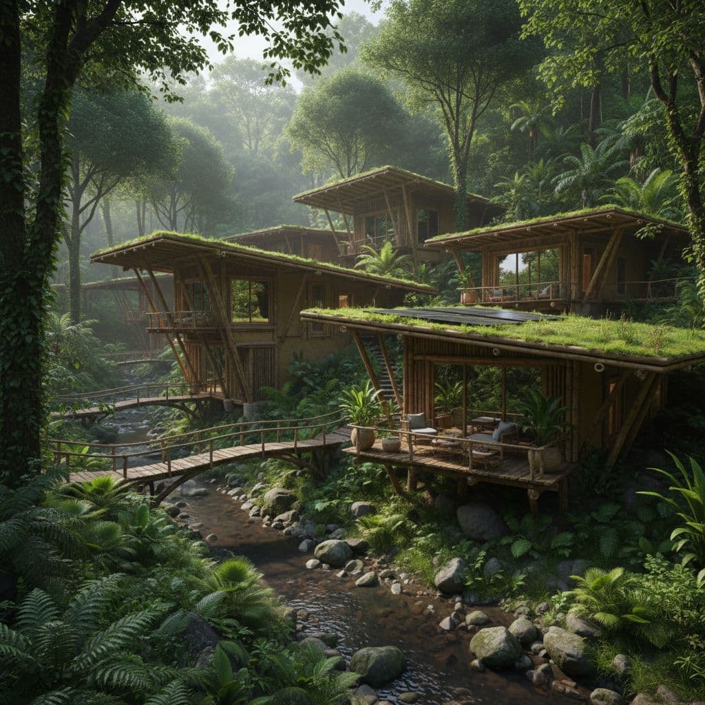 A modern eco-lodge made of sustainable materials sits nestled among dense, vibrant green forest foliage.