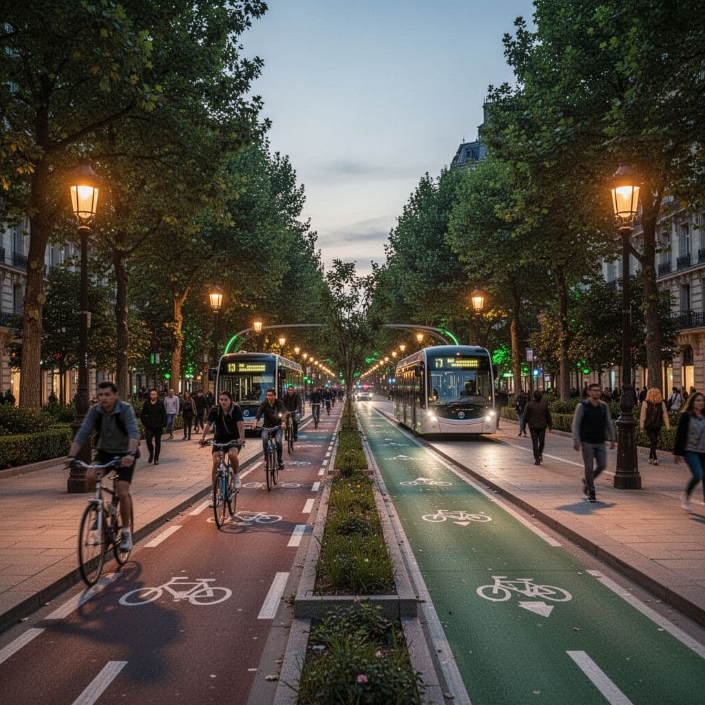 People cycle and walk along a lush, green-lined city street while an electric bus passes at dusk.