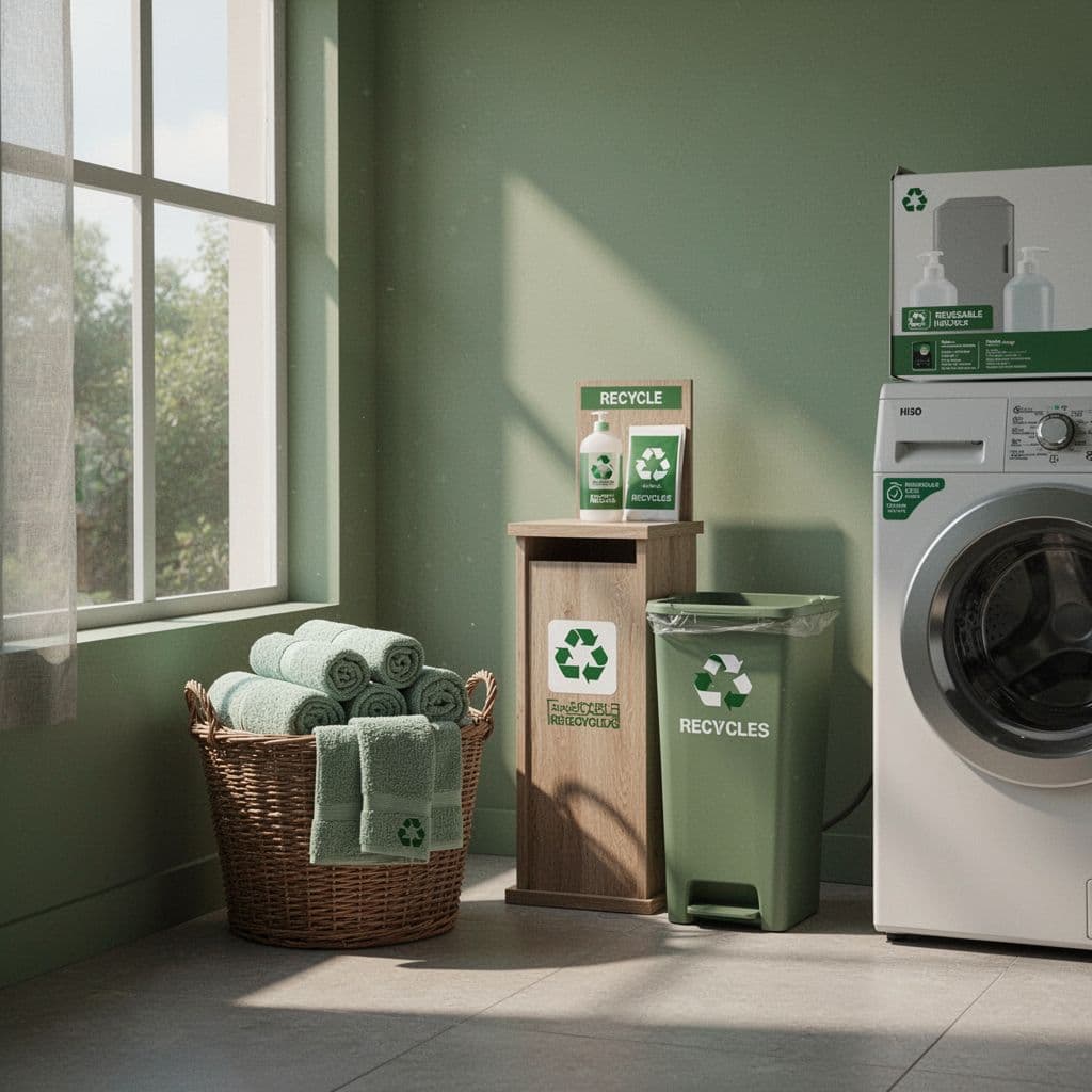 A clean laundry room features organised reusable towels and a dedicated recycling station under natural light.