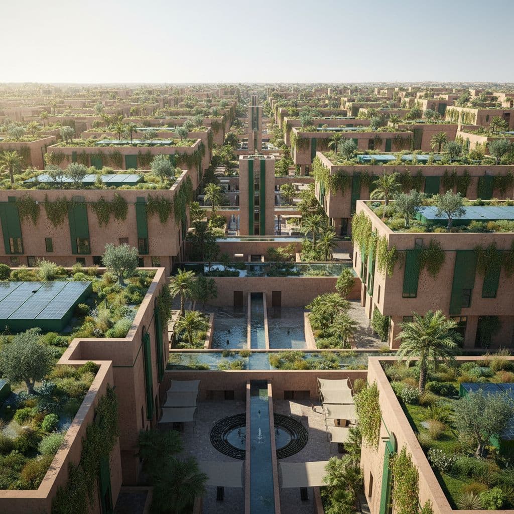 Modern Moroccan urban center with green rooftops, solar panels, lush gardens, and water infrastructure on sunny day.