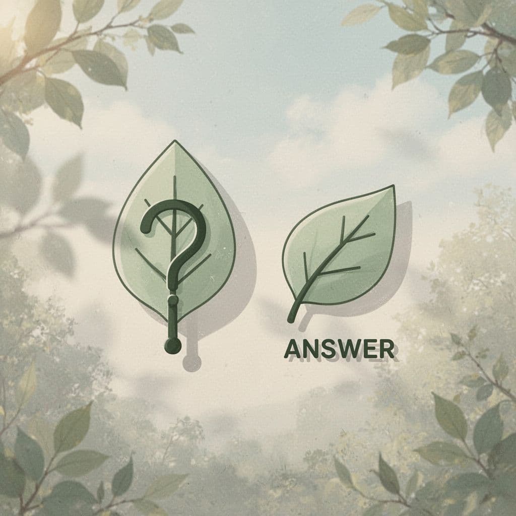 A minimalist arrangement of nature-inspired icons representing questions and answers on a clean, soft background.
