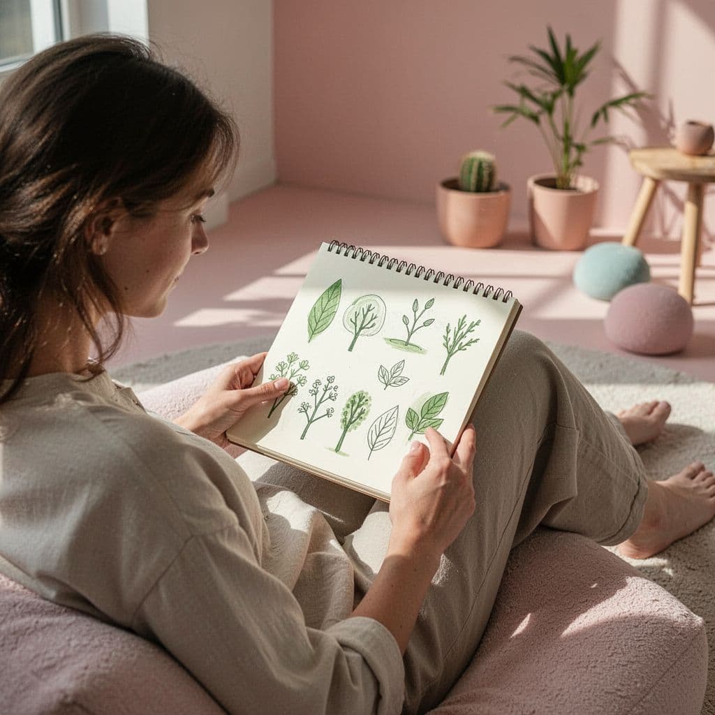 A person reviews notes featuring leaf and light bulb icons in a calm natural setting.