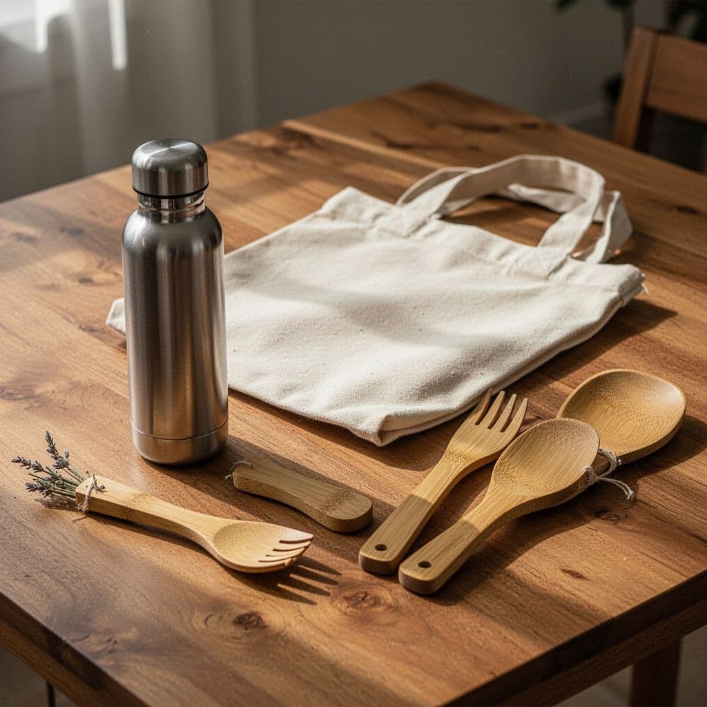 A stainless steel bottle, canvas bag, and bamboo accessories arranged neatly on a light wooden surface.