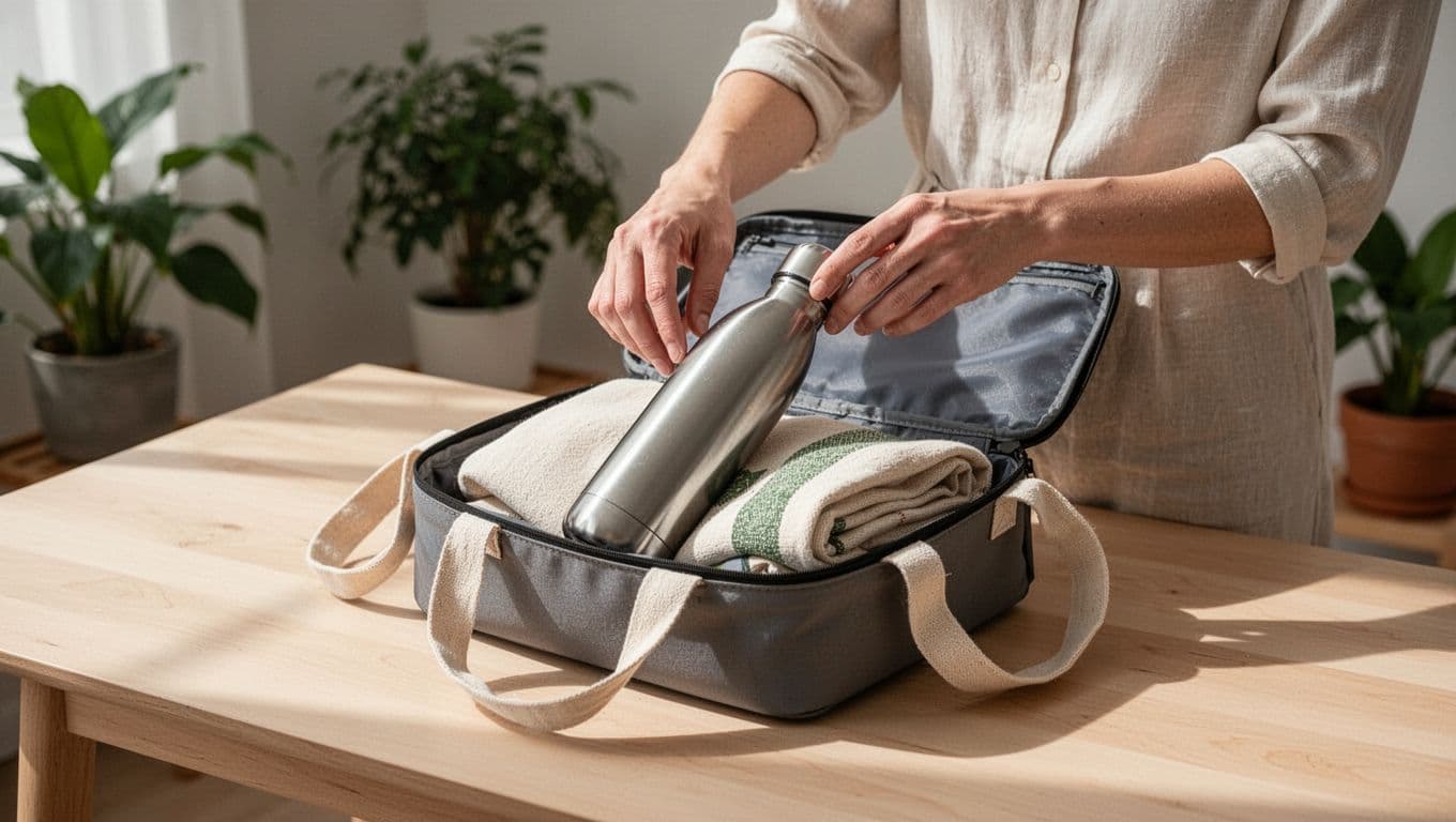 A person carefully packs eco-friendly items like a metal bottle and cloth bag into a small travel bag.