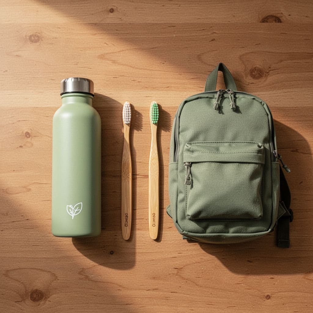 A reusable water bottle, bamboo toothbrush, and small backpack are neatly arranged on a wooden surface.