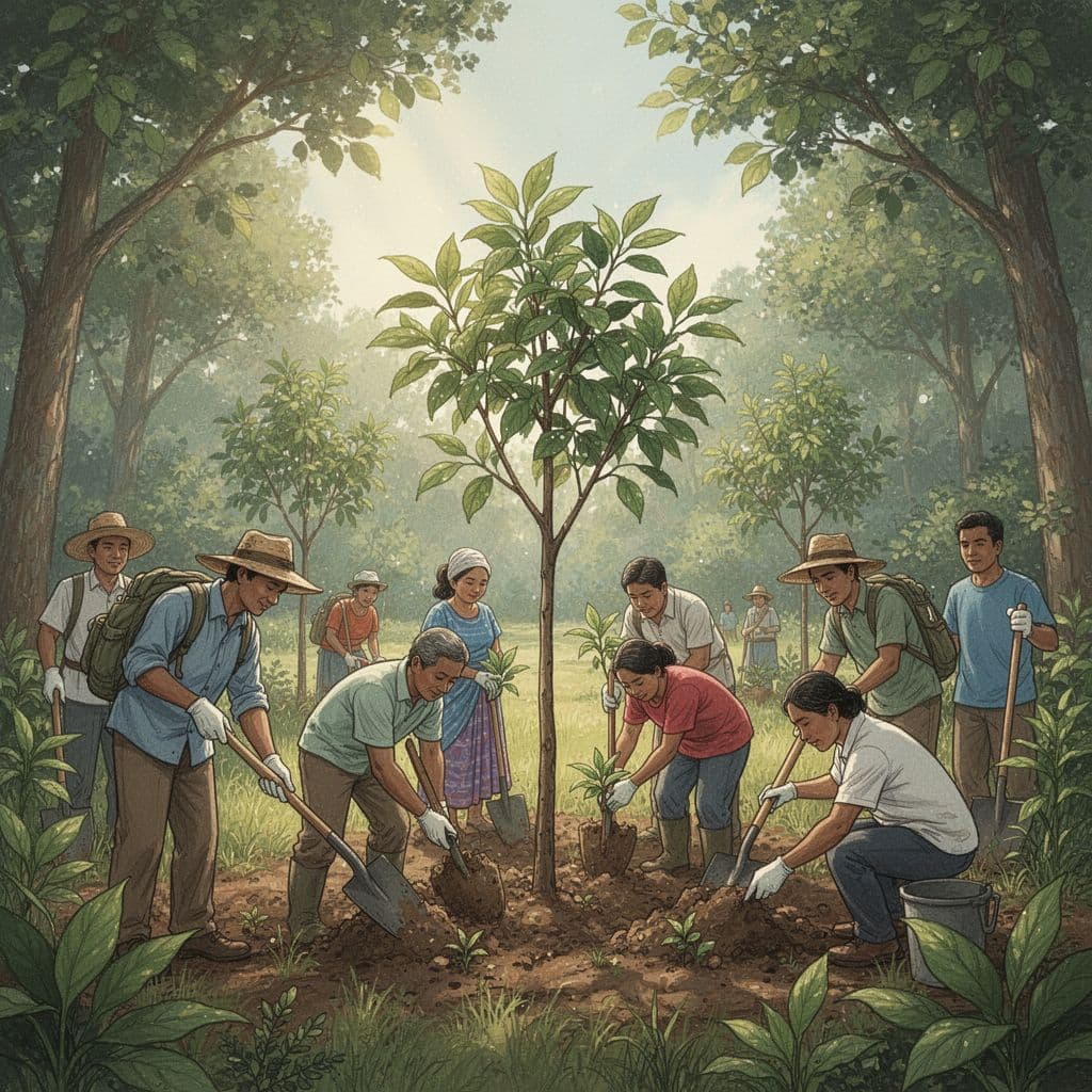 Travelers and local residents work together to plant young saplings in a lush green landscape.