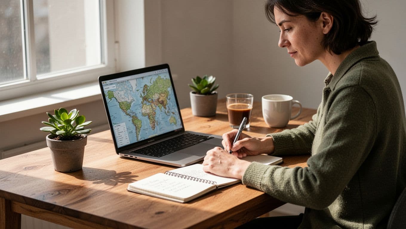 A person sits at a clean desk using a laptop to organise travel plans beside a small plant.