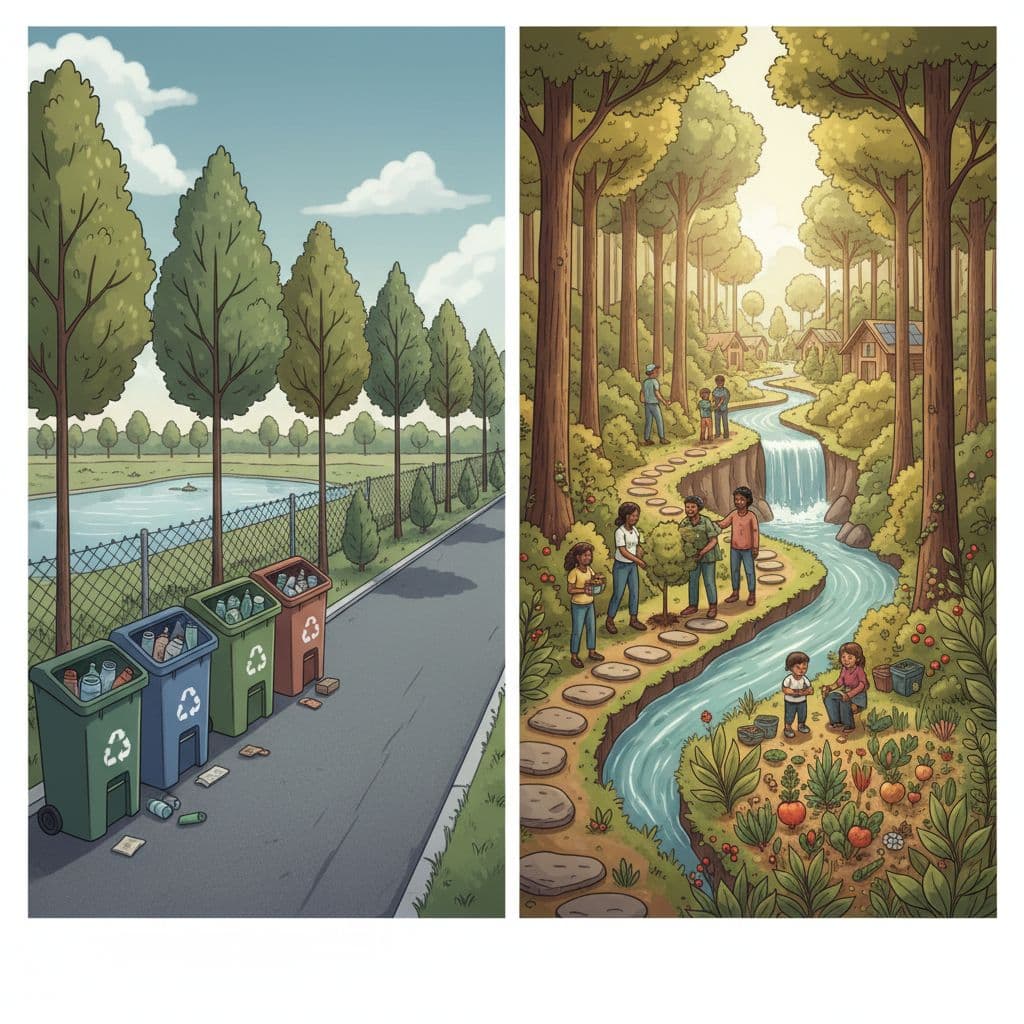 A split path illustrates the contrast between basic waste management and thriving nature restoration in a community.