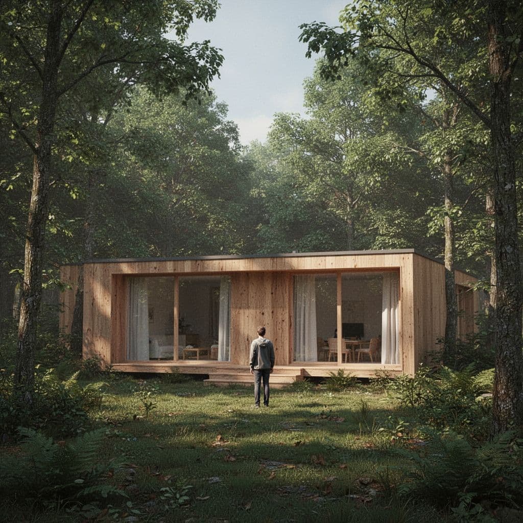 A wooden eco-lodge with large windows sits nestled within a lush green forest landscape.