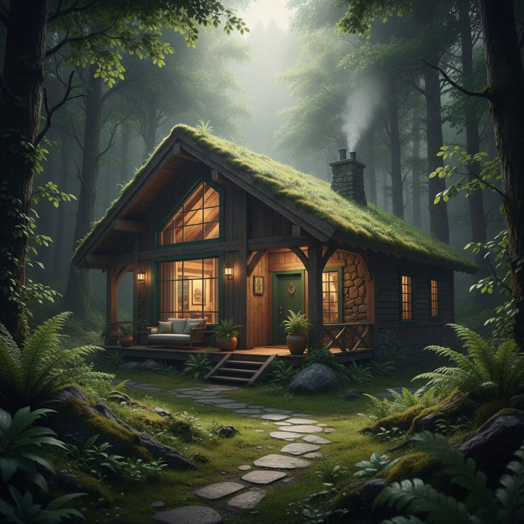 A rustic wooden cabin sits nestled within a lush, dense forest under soft natural lighting.