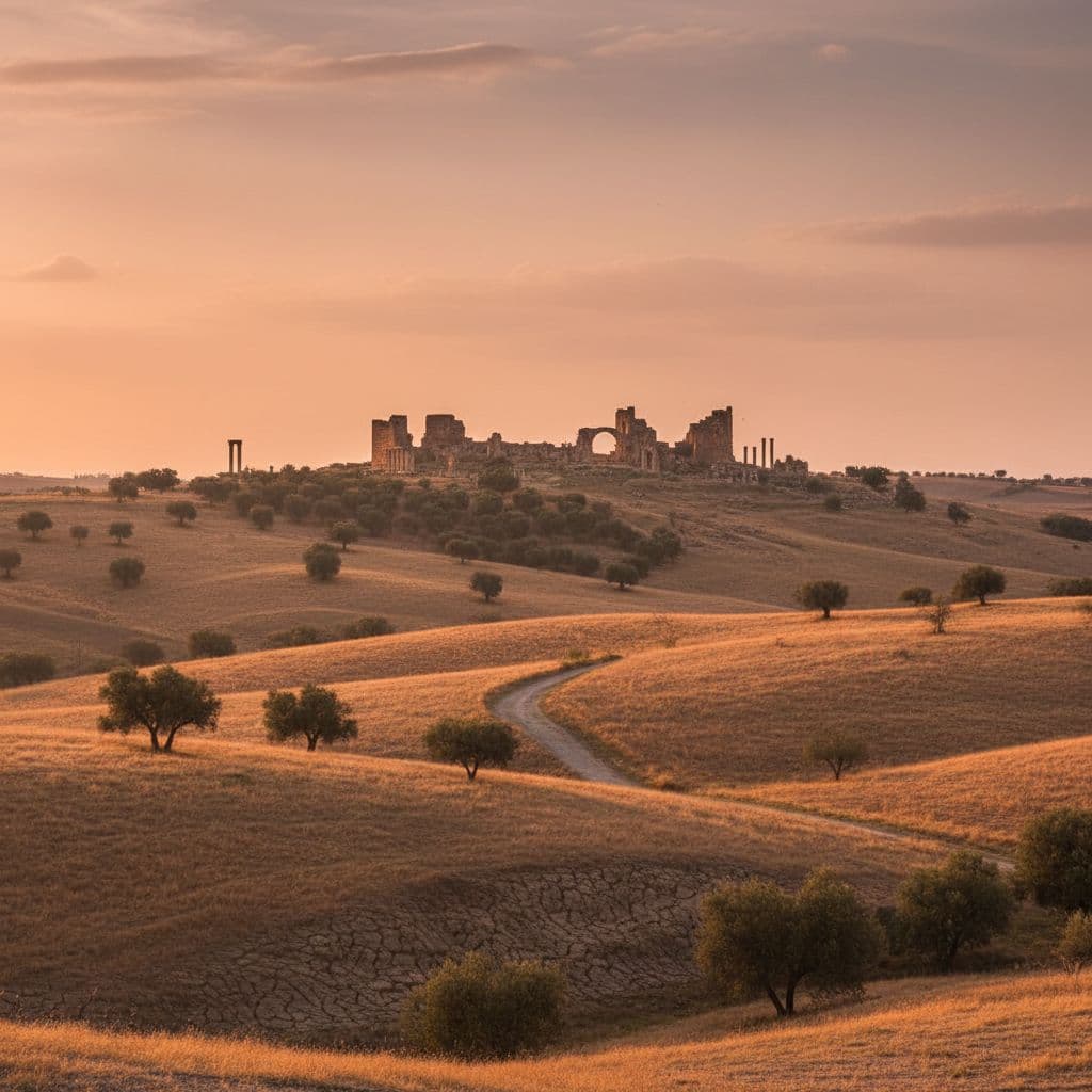 Rolling hills in Syrian countryside with ancient ruins in distance under golden sunlight.
