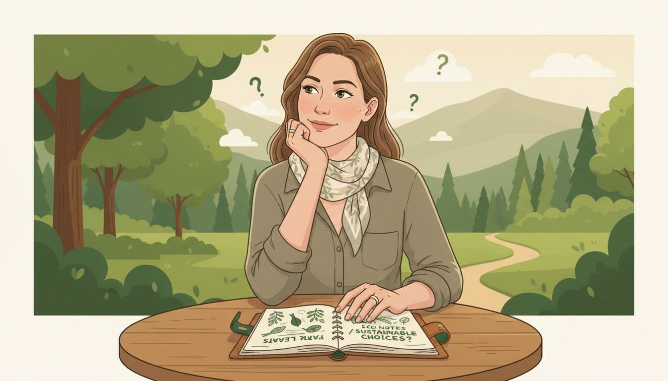 Mid-30s traveller at outdoor cafe table with open notebook of travel plans and eco notes, nature sketches and faint question marks around, lush green forest background.