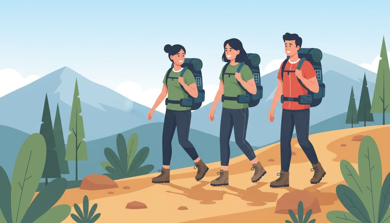 Three smiling travelers with eco-friendly backpacks walk and chat on a sunny mountain trail.