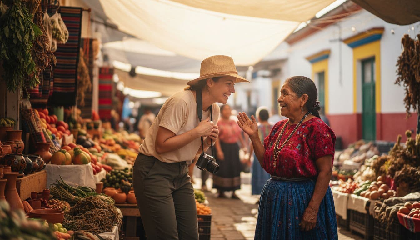 Tourist politely asks smiling indigenous woman in traditional clothing for photo permission at colorful Mexican market stall.