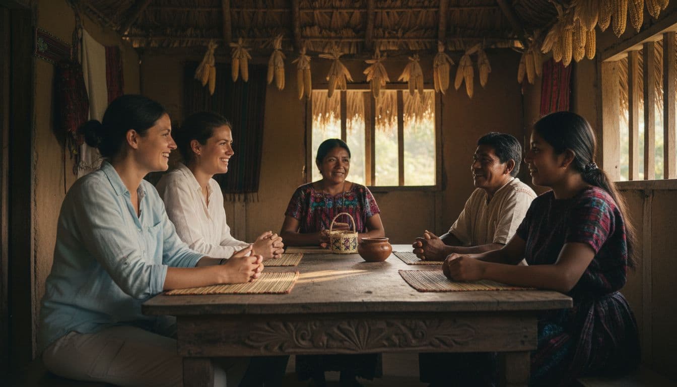 Two tourists and three Mayan locals sit around a wooden table in a thatched home, chatting as sunlight filters in.