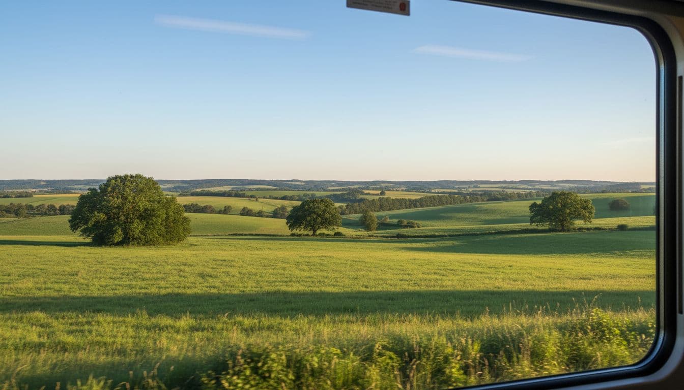 Train window view of green fields, scattered trees, rolling hills under blue sky.