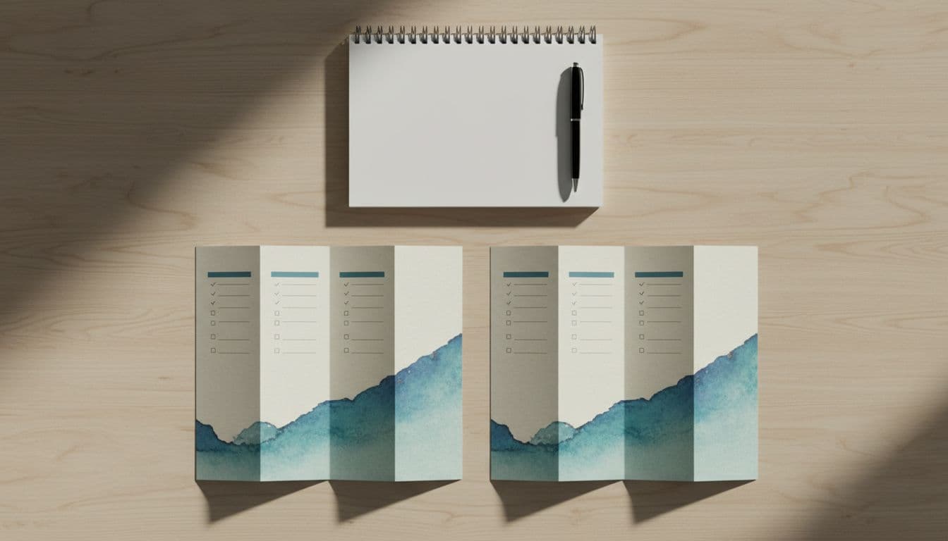 Two travel brochures lie side by side on a clean desk with a notepad and pen.