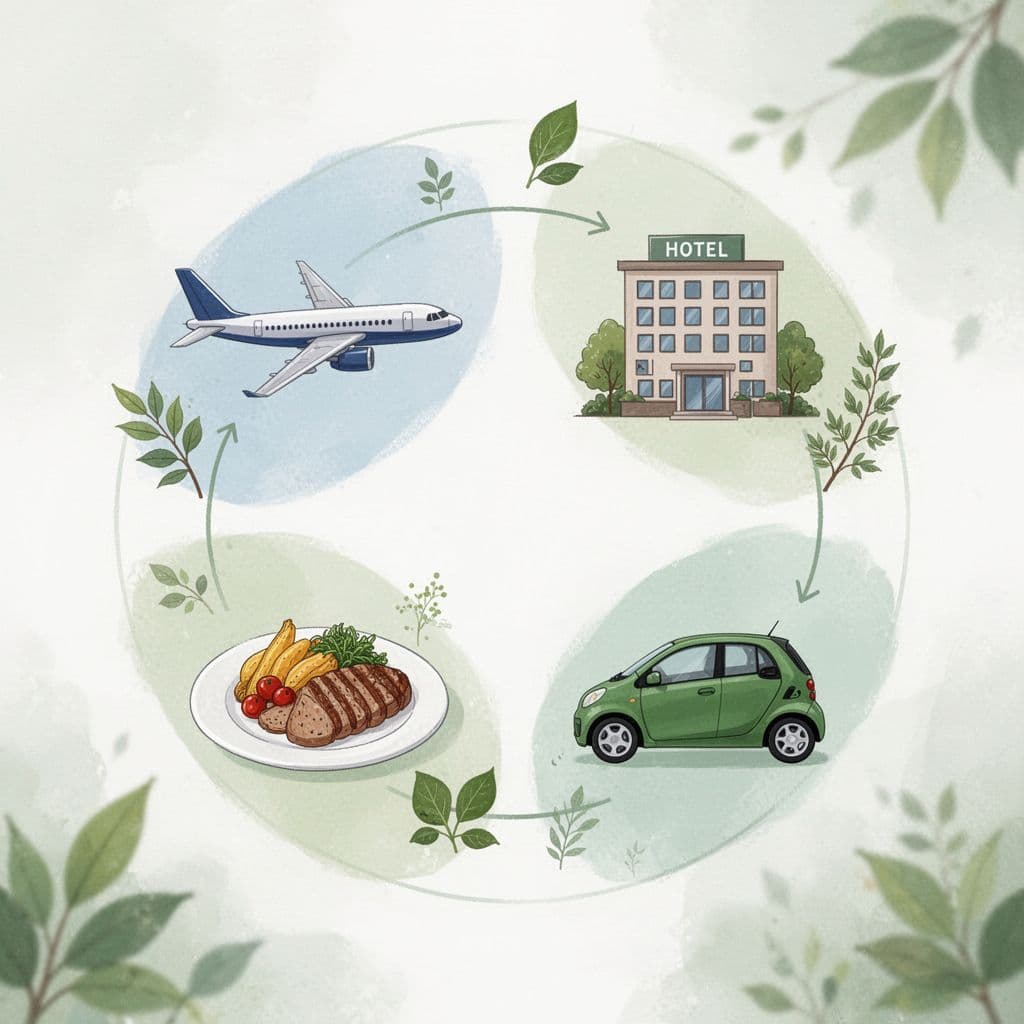 A circular diagram features minimalist icons for flights, hotels, meals, and cars to illustrate travel emissions.