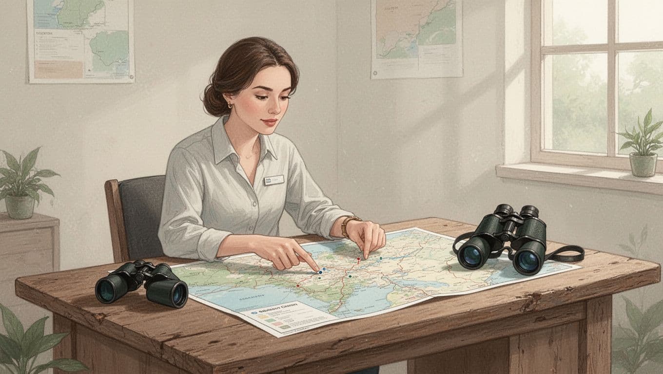 A travel specialist points to a paper map on a rustic wooden desk beside binoculars.