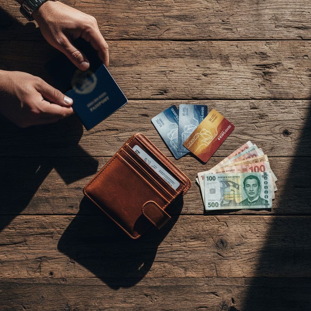 Flat-lay of travel wallet, bank cards, banknotes stack, and hands holding passport on wooden table.