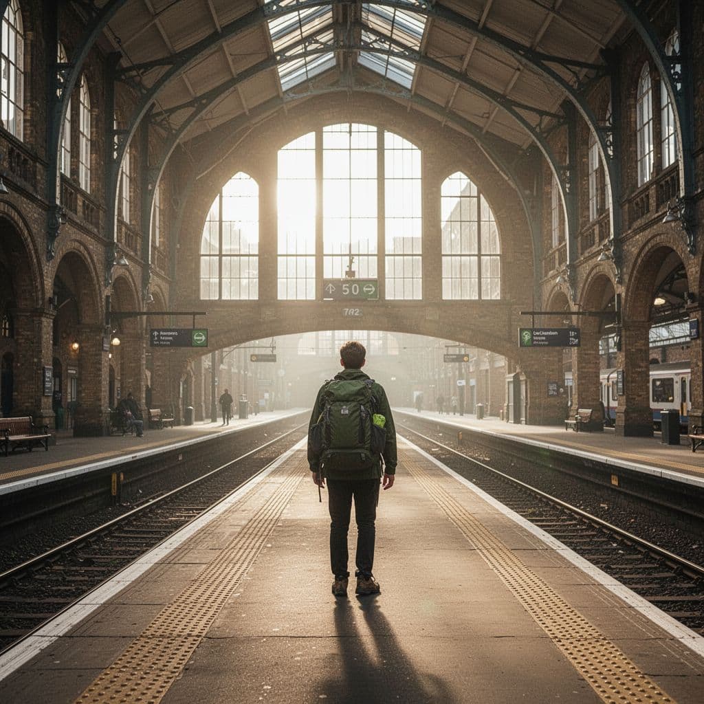 A person stands on a historic UK train platform illuminated by morning light through high windows.