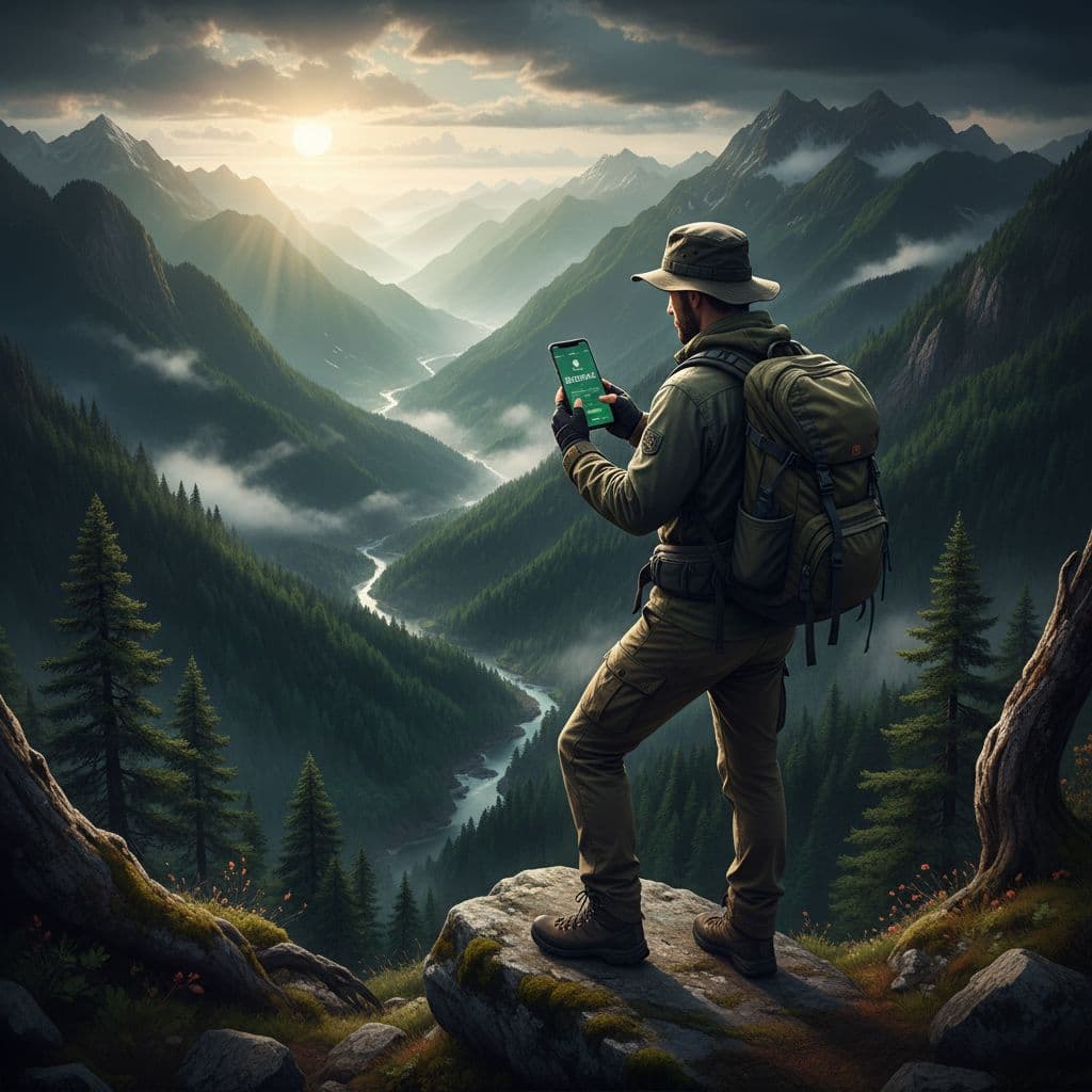 Traveler views smartphone banking app amid lush green mountains.