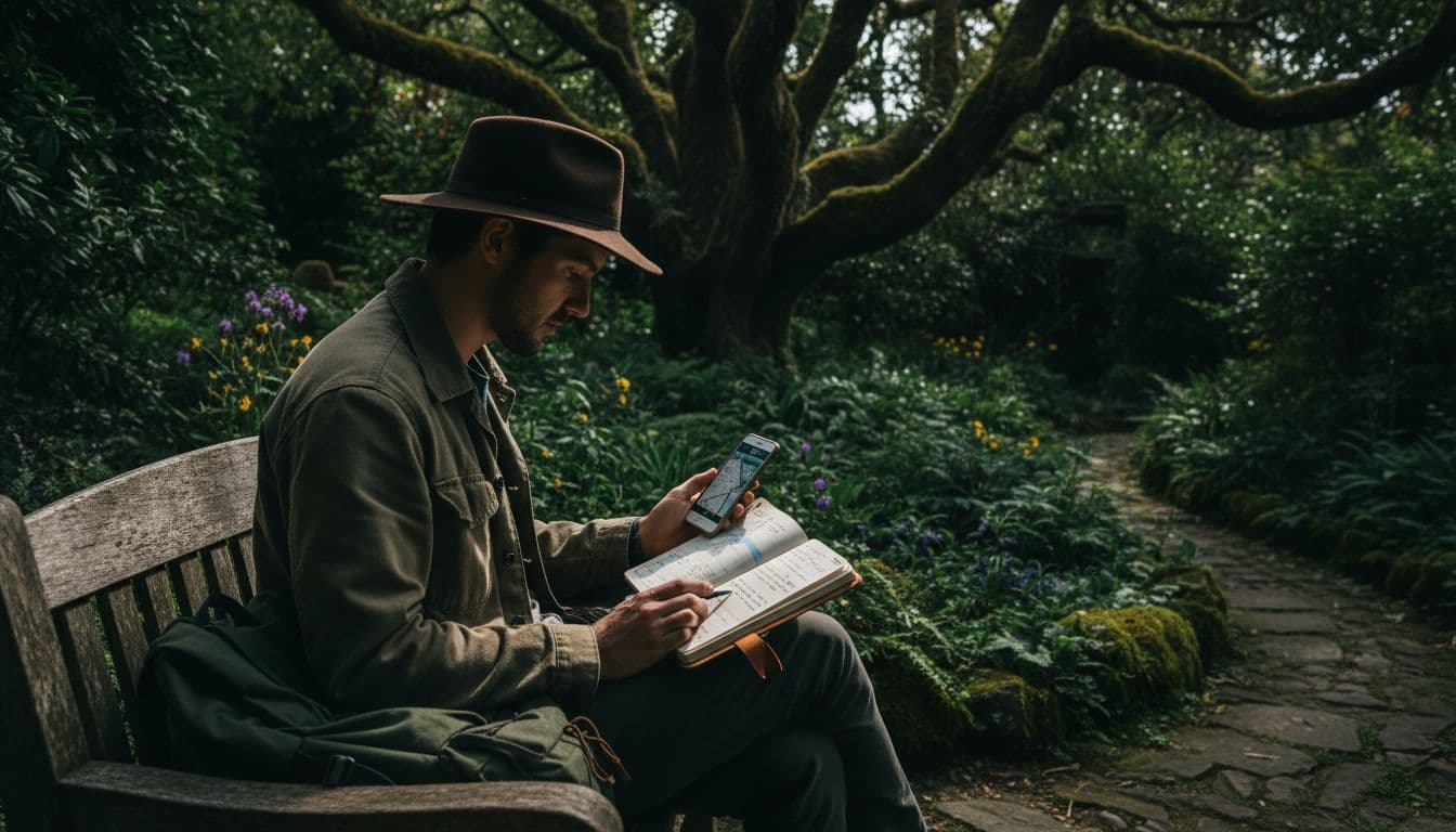 Person sits on wooden bench in garden, examining travel notebook and mobile phone.
