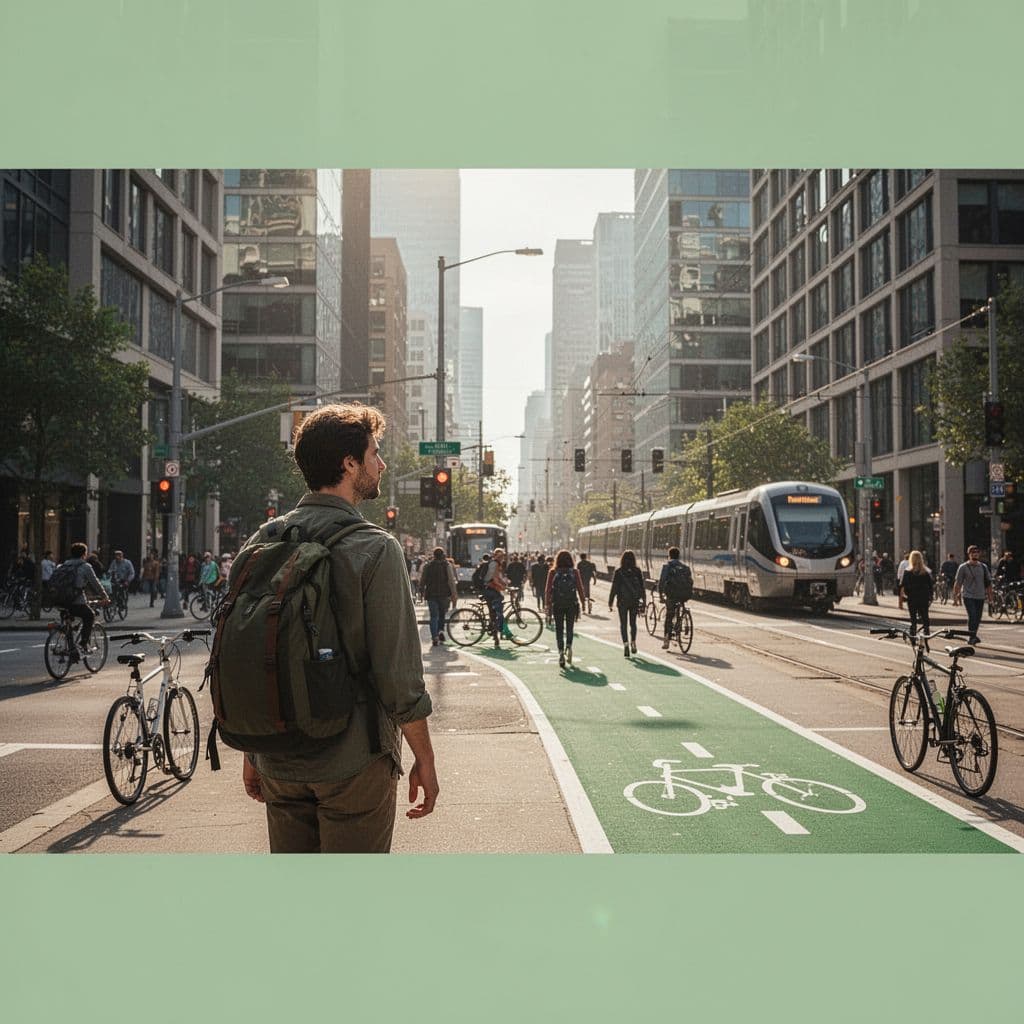 A person stands at a busy city corner near a bike path with a train in the background.