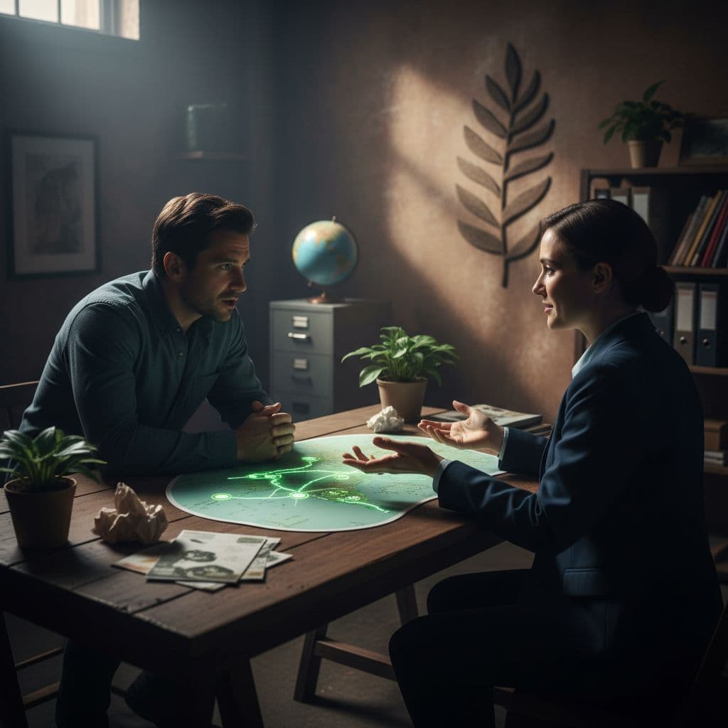 A focused person sits at a wooden desk discussing travel plans with a consultant.