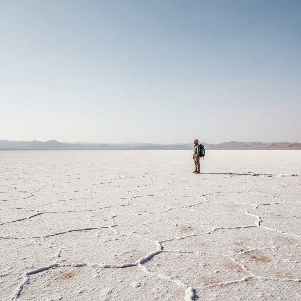 A solitary traveler stands on the cracked white surface of a vast salt pan under an open sky.