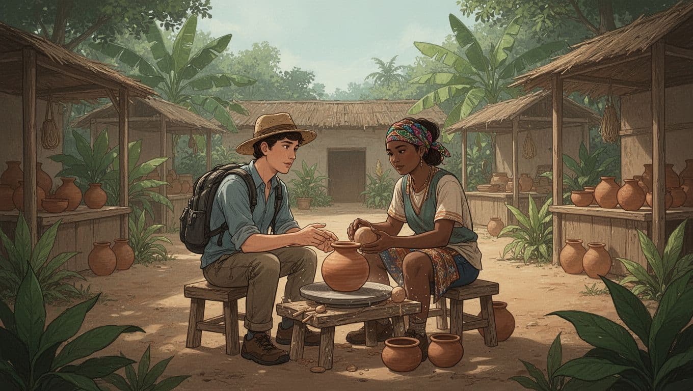 A traveler converses thoughtfully with a local artisan in a calm, community-focused outdoor setting.