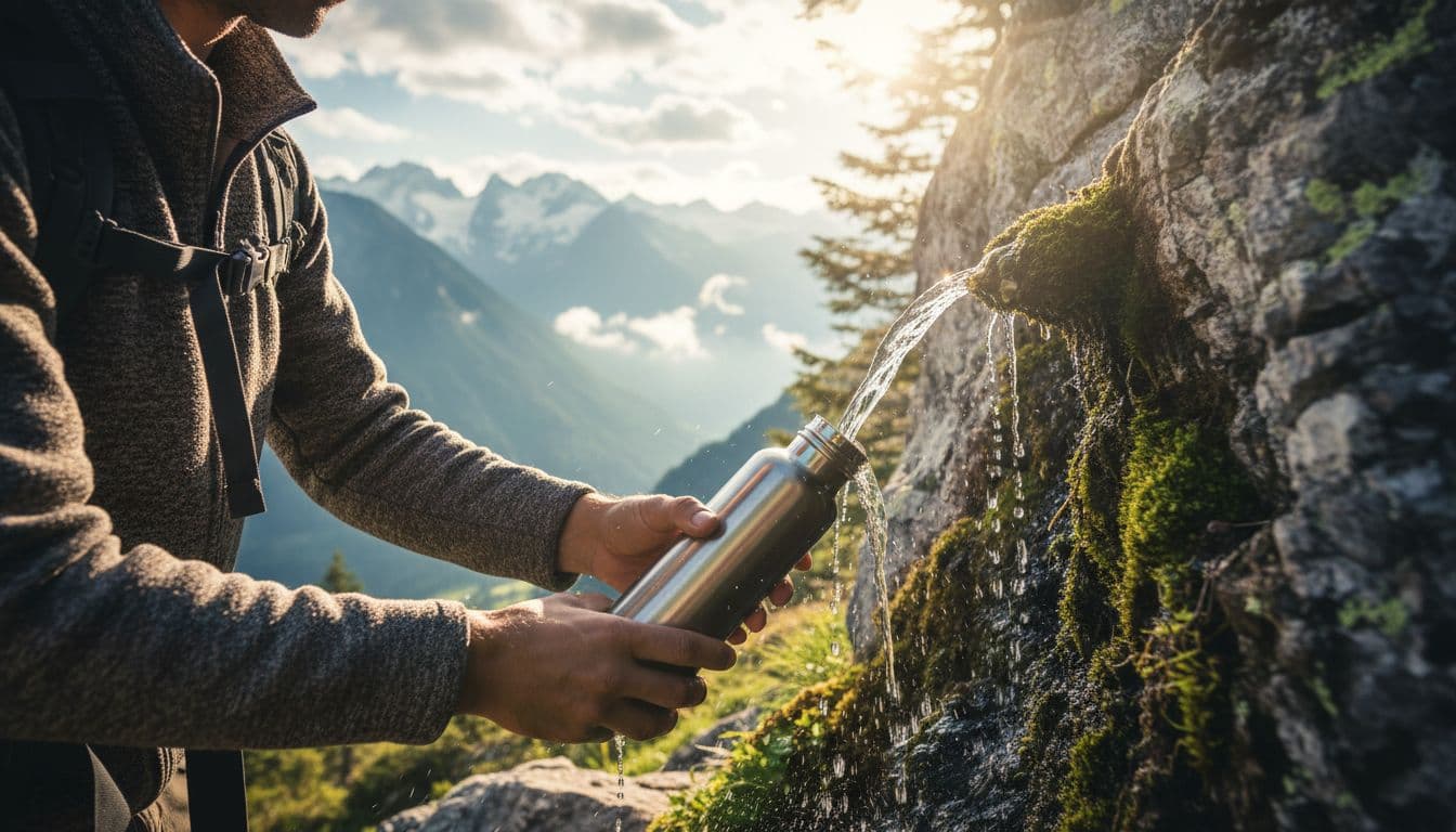 A traveler fills a stainless steel bottle with fresh water from a clear mountain stream.