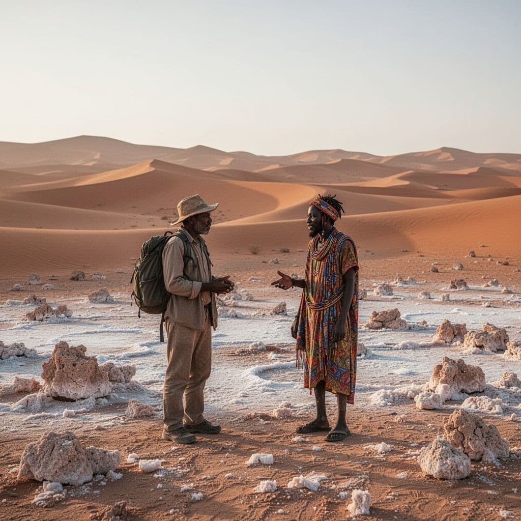 A traveler converses respectfully with a local Afar guide amidst the expansive Danakil desert landscape.