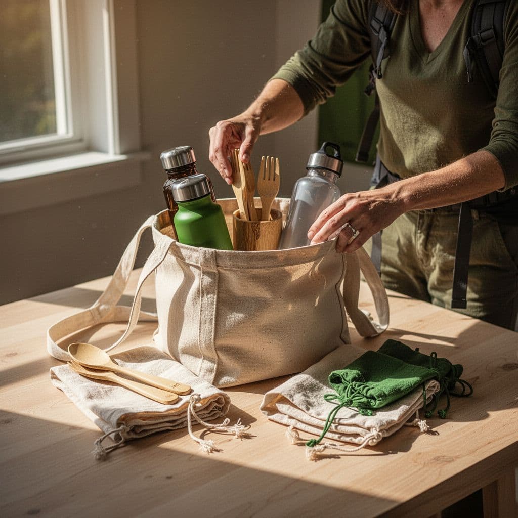 A person organises sustainable travel items into a bag in a softly lit, minimalist setting.