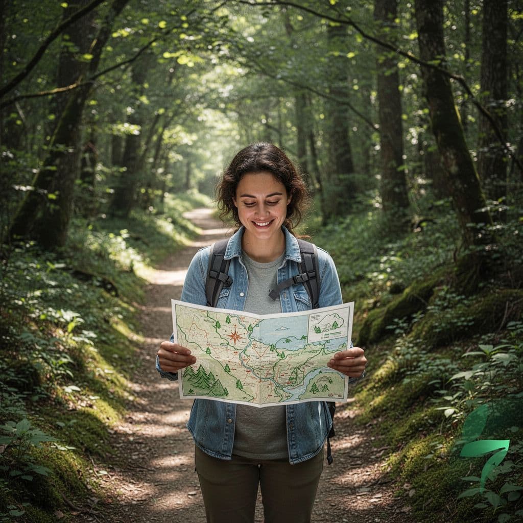 A person smiles while studying a map on a peaceful, sunlight-dappled forest path.