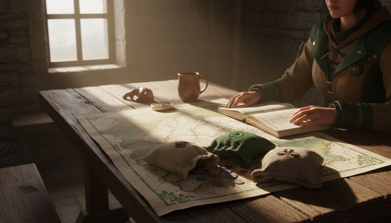 Traveller sits at wooden table with paper map, notebook, and currency pouches.