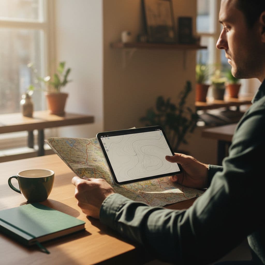 A person sits in a sunlit cafe reviewing a paper map and digital tablet to plan a trip.