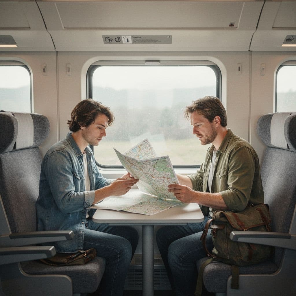 A passenger sits at a small table inside a modern, sunlit train carriage studying a map.