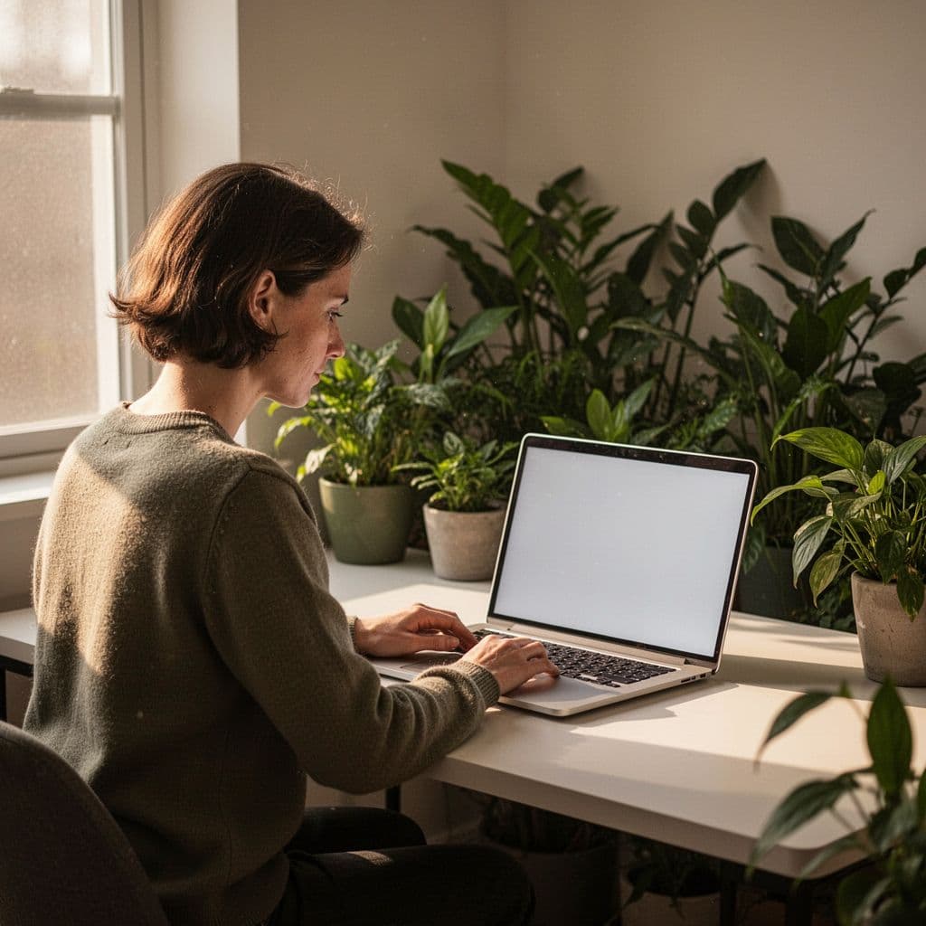 A focused person uses a laptop at a minimalist desk surrounded by indoor plants.