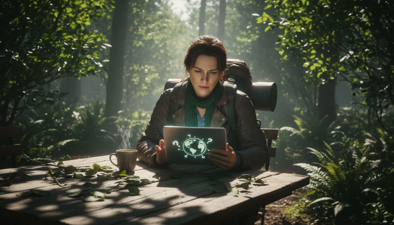 A person sits at an outdoor cafe table in a sunlit forest, reviewing digital content on a tablet.